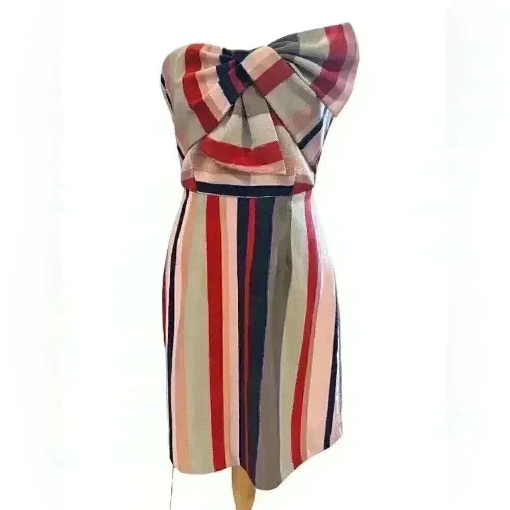 Sam Edelman Strapless Dress Knee Length Sleeveless Bow Striped Pink Gray Size 2